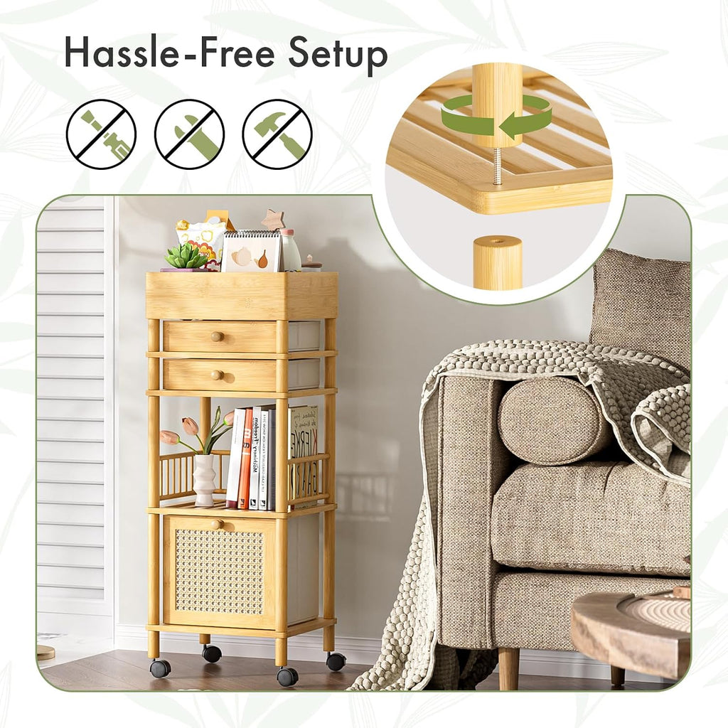 Bamboo Makeup Organizer Cart with 3 Drawers, Floor Skin Care Storage for Bathroom Bedroom, Rolling Vanity Organizer Cart for Cosmetic, Nail Polish, Perfume and Hair Tools