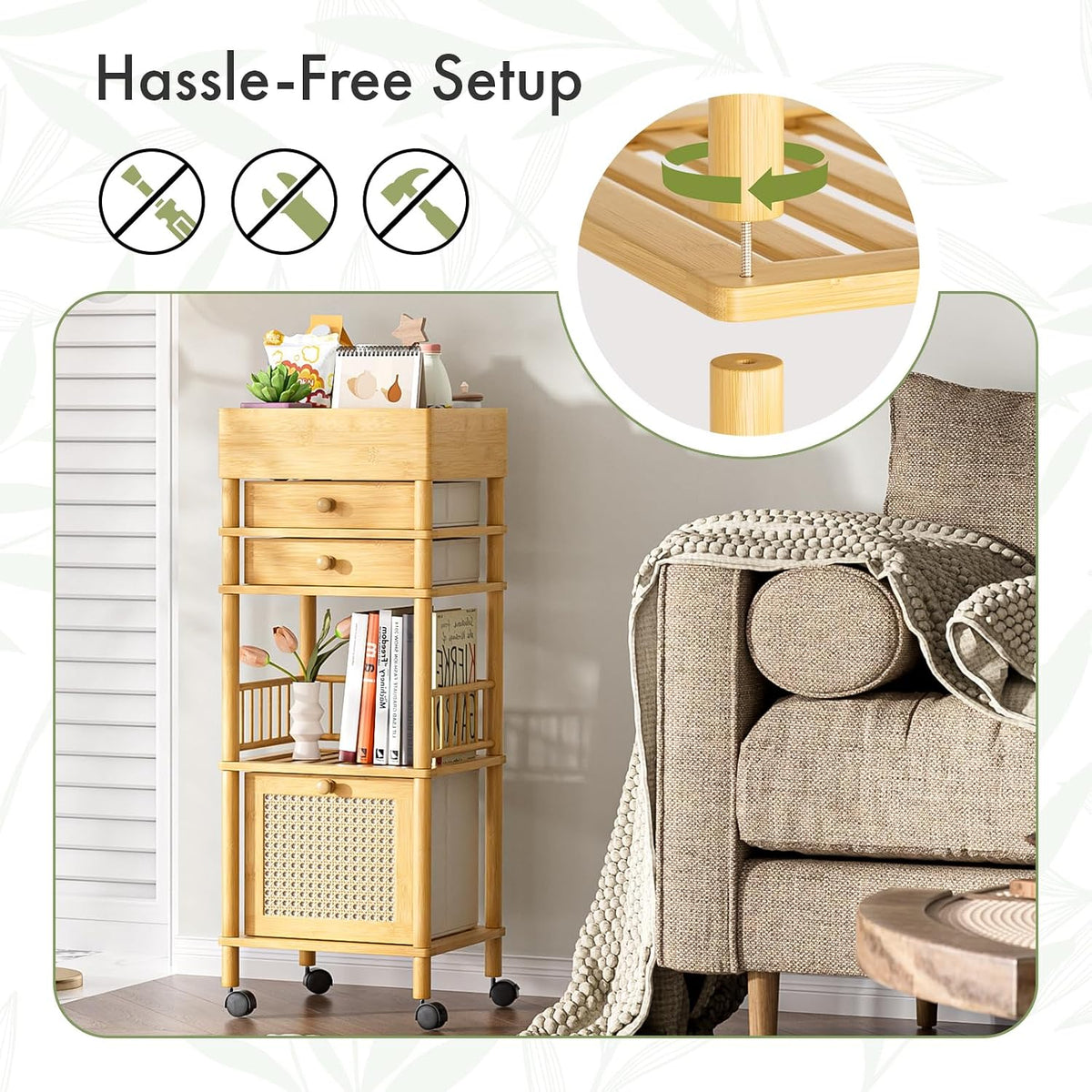 Bamboo Makeup Organizer Cart with 3 Drawers, Floor Skin Care Storage for Bathroom Bedroom, Rolling Vanity Organizer Cart for Cosmetic, Nail Polish, Perfume and Hair Tools