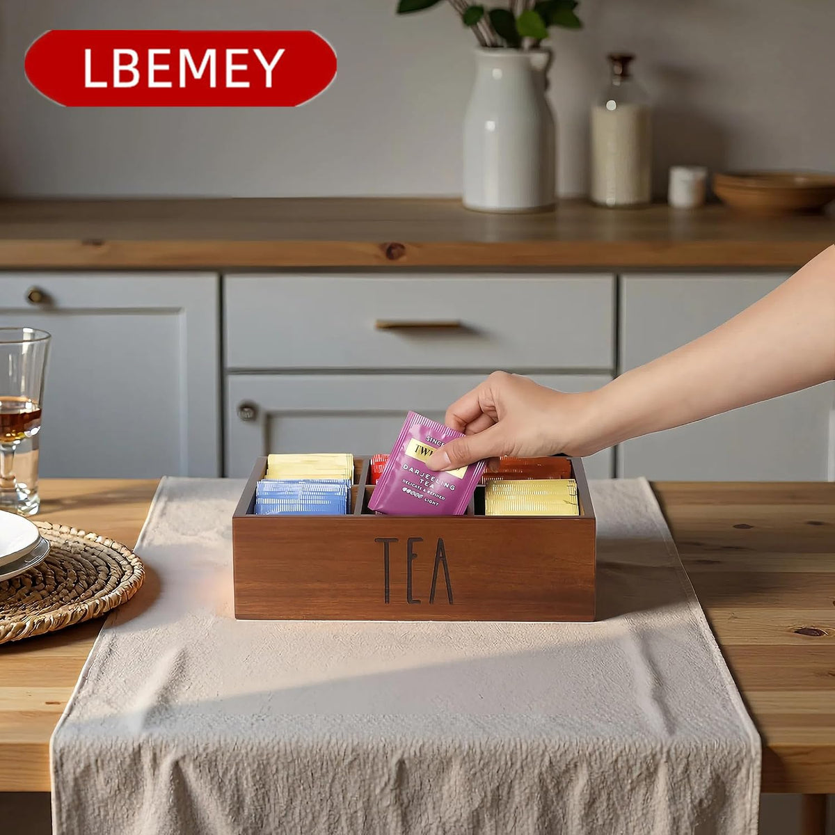 LBEMEY Tea Bag Organizer, Wood Tea Storage Containers with 6 Compartments, Sugar Packet Holder,Tea Bag Caddy Box for Cabinet Countertop Office (Brown- Labeled "TEA")