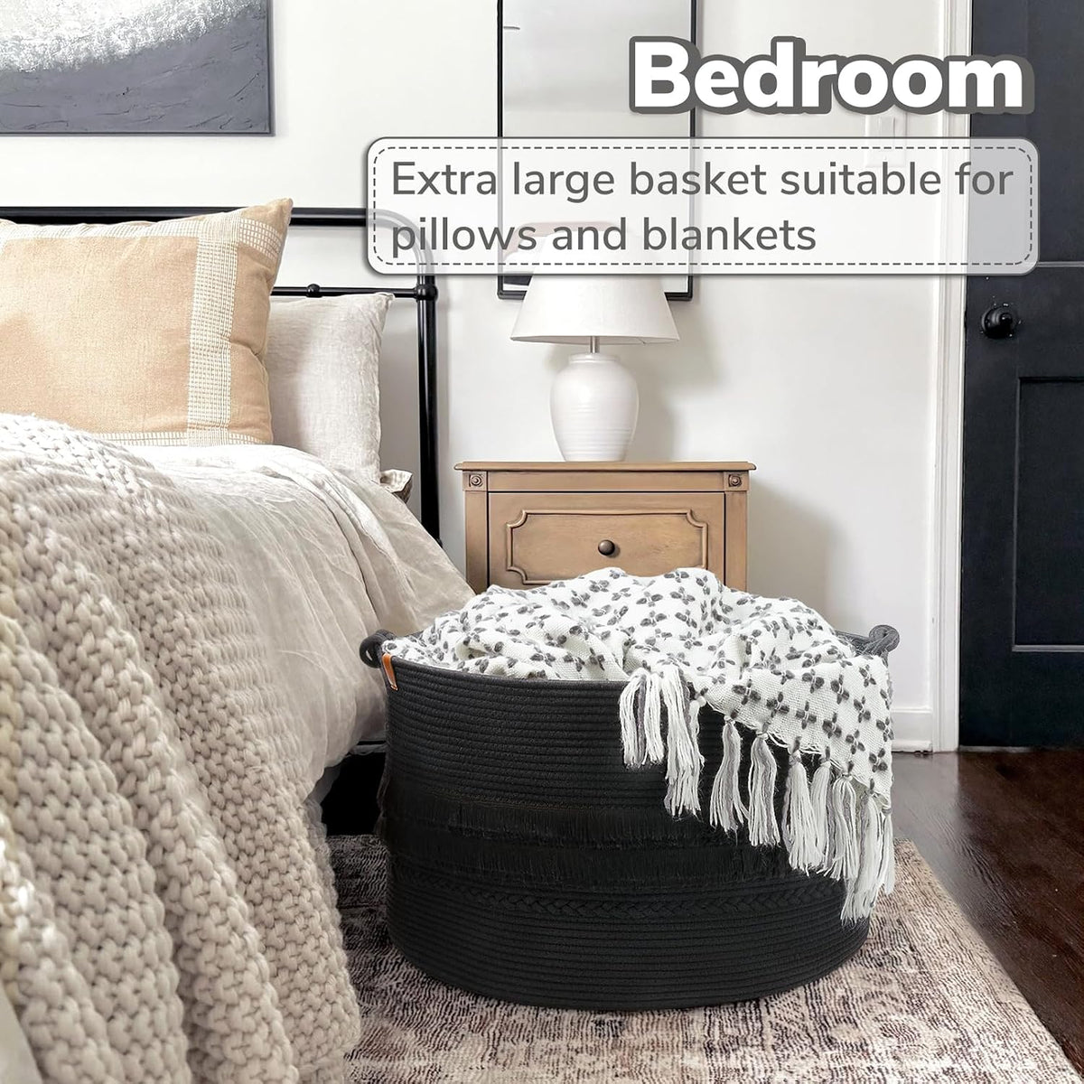 CherryNow 90L Large Woven Rope Blanket Basket with Tassel, 22" x 14", Black