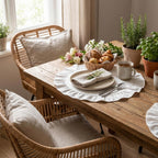Round Ruffled Linen Blend Placemats, 15 Inch Scalloped Table Mats, Set of 4