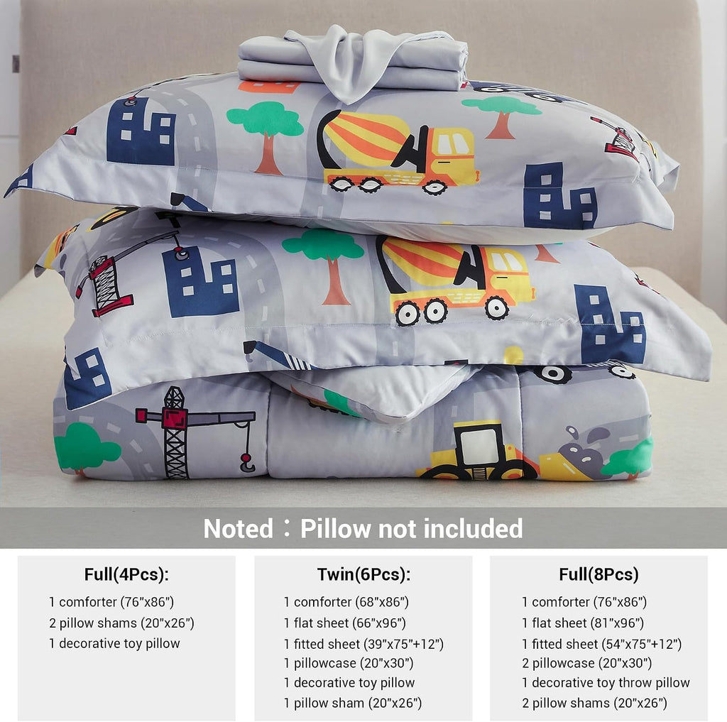 Mooreeke Kids Twin Comforter Sets for Boys 6 Pieces Excavator Grey Bedding Set for Teens Soft Microfiber Kids Bed in A Bag with Comforter, Sheet Set, Shams and Decorative Toy Pillow All Season