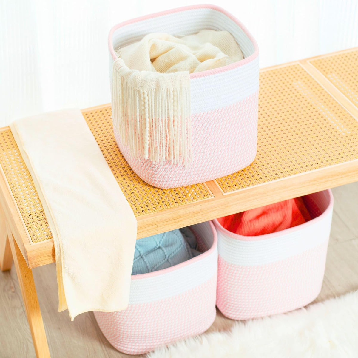 3-Pack 11x11 Inch Cube Storage Bin, Woven Storage Cube Organizer, Closet Organizer, Cute Square Storage Bins, Decorative Classroom Bathroom Pantry and Shelf Baskets, Light Pink
