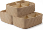 3 Pack Small Woven Storage Baskets for Organizing, Shelf Baskets, Brown