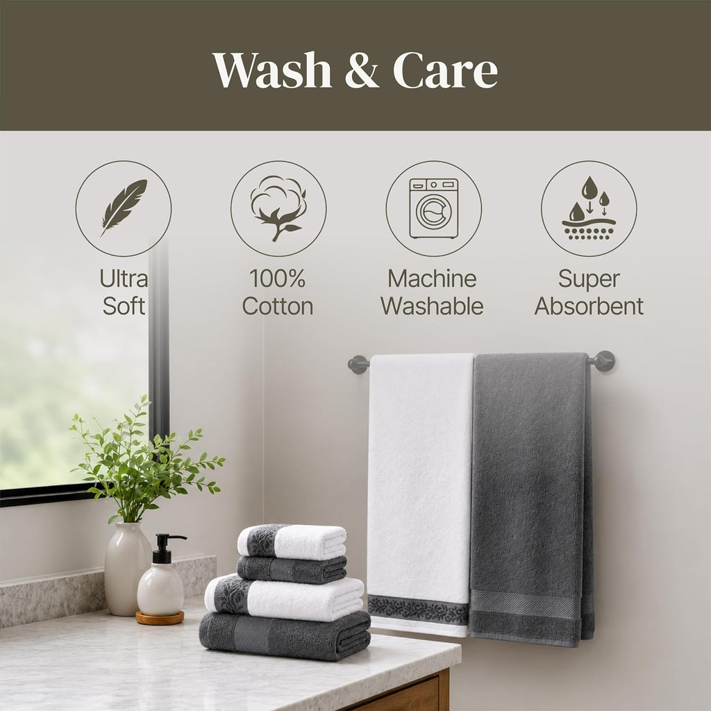 Modern Threads 6 Piece Bath Towel Set – Bathroom Towel Set with 2 Bath Towels, 2 Hand Towels & 2 Washcloths – 100% Cotton, Soft & Absorbent – Jacquard Border (Gray)