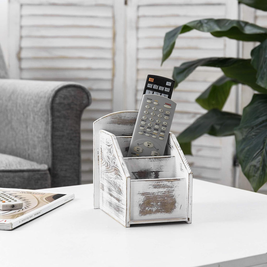 MyGift Whitewashed Wood TV Remote Control Holder with 3 Compartments