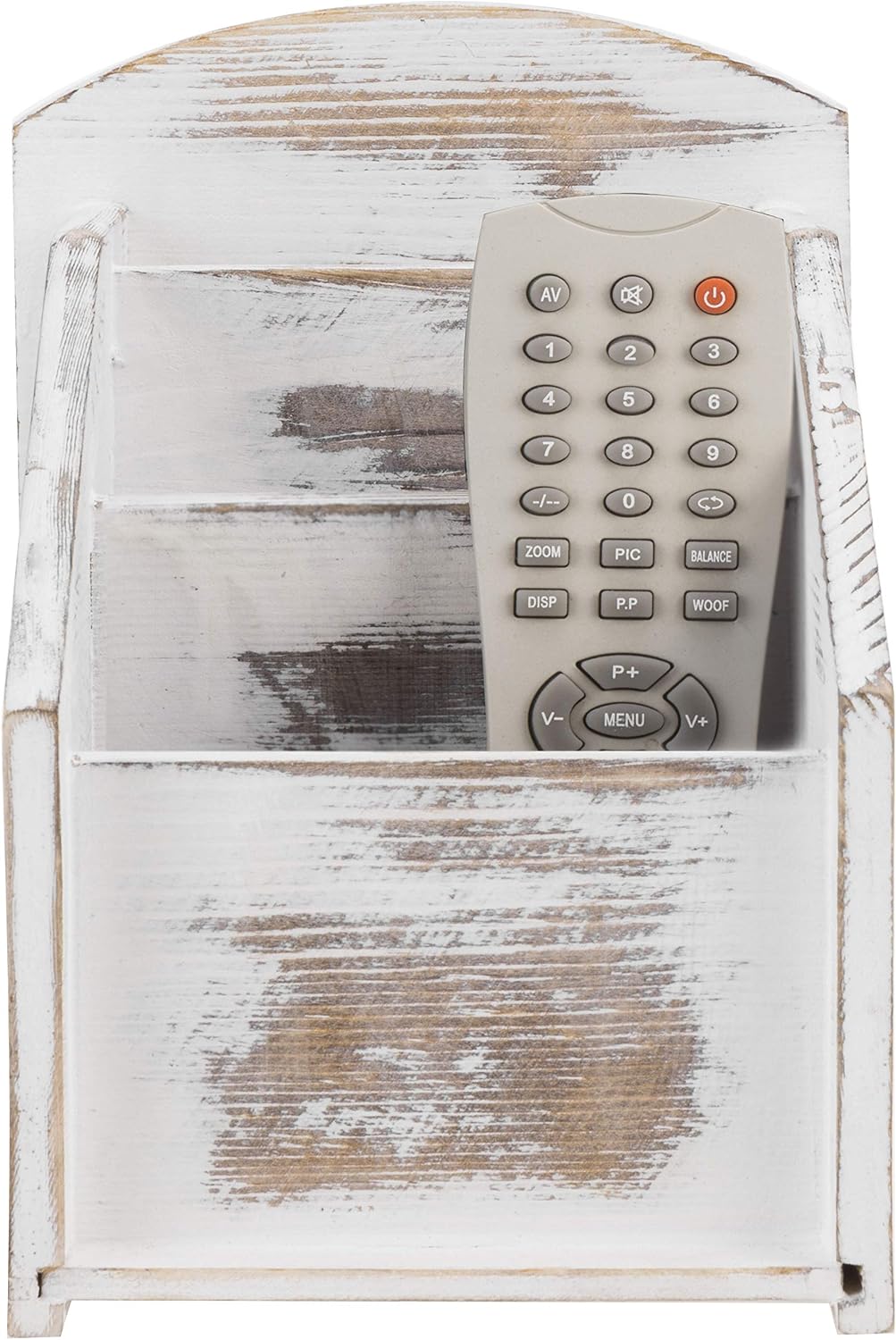 MyGift Whitewashed Wood TV Remote Control Holder with 3 Compartments