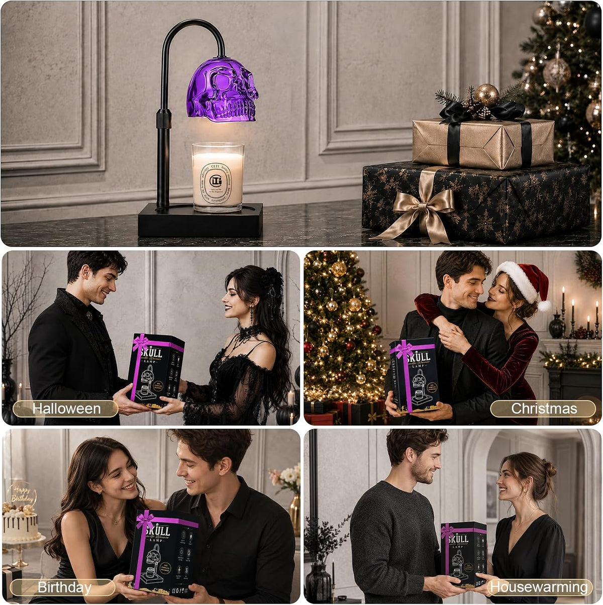 Skull Candle Warmer Lamp with Timer & Dimmer, Gothic Skull Wax Warmer Lamp for Jar Candles, Adjustable Height Skeleton Candle Light Warmer with 2 Bulbs, Spooky Goth Home Decor Gifts (Purple, 1pack)