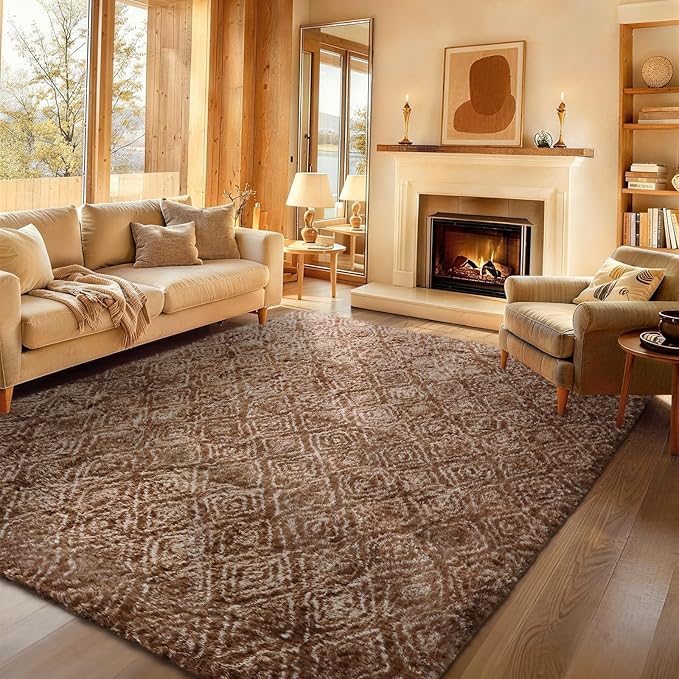 Ophanie Brown and White Diamond Striped Rugs by Ophanie