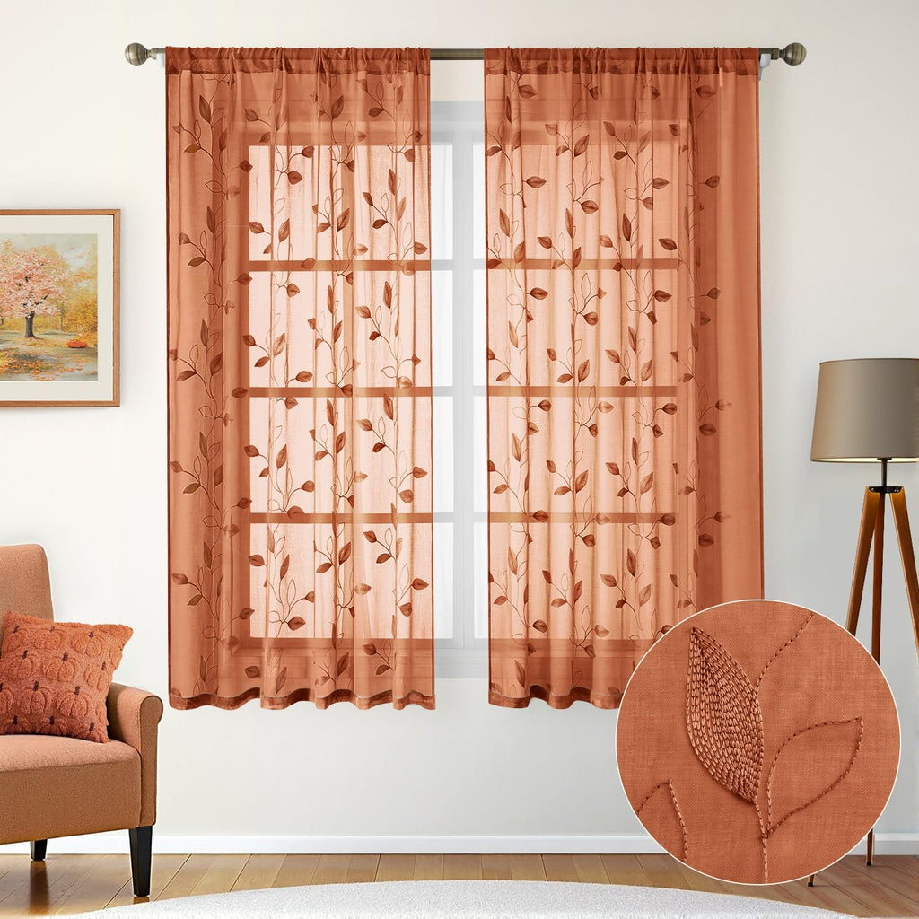 HOMEIDEAS Fall Burnt Orange Sheer Curtains Floral Leaf Embroidered, 52x63