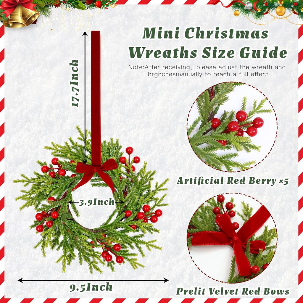 6 Pack Mini Christmas Wreaths for Kitchen Cabinets,with Ribbon Bows Berry
