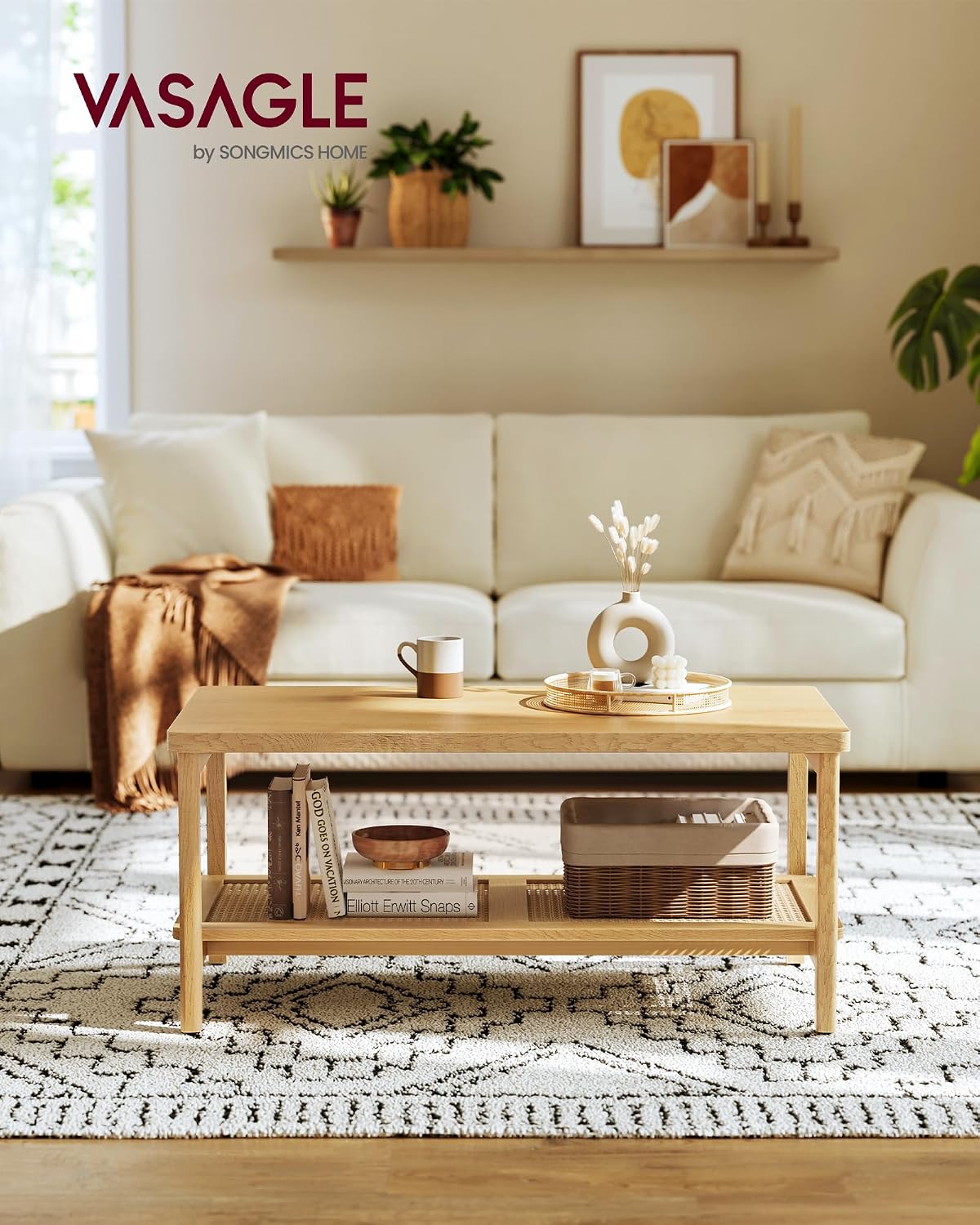 VASAGLE 2-Tier Coffee Table for Living Room, with PVC Rattan Storage Shelf