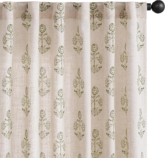 jinchan Linen Floral Curtains for Living Room 84 Inch Length Green Flower by JINCHAN