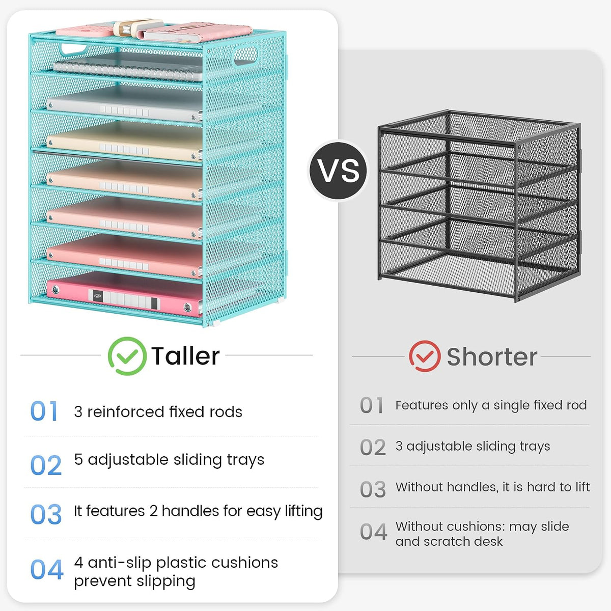 2 Pack 8-Tier Office Desk File Organizer, Letter Tray Paper Organizer with Handle, Including 5 Adjustable Slide Trays for Organizing Desk Workspace Accessories and Supplies (Blue Metal Mesh)