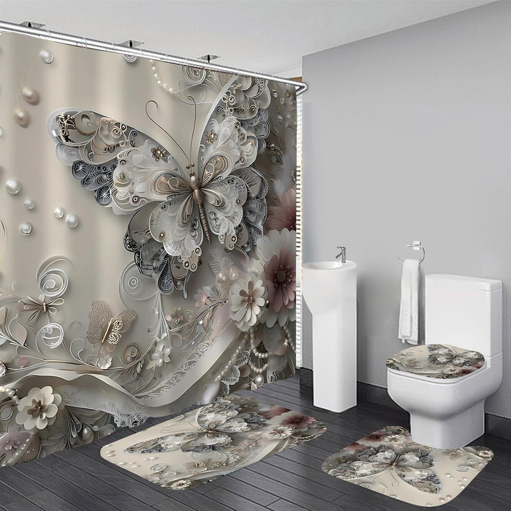 DDQQ 4Pcs Shower Curtain Sets, Gray Butterfly Bathroom Curtains Shower Set, Bathroom Decor Sets, Shower Curtain for Bathroom with Rugs, Toilet Lid Cover, Bath Mat and 12 Hooks, 71 x 71 Inches