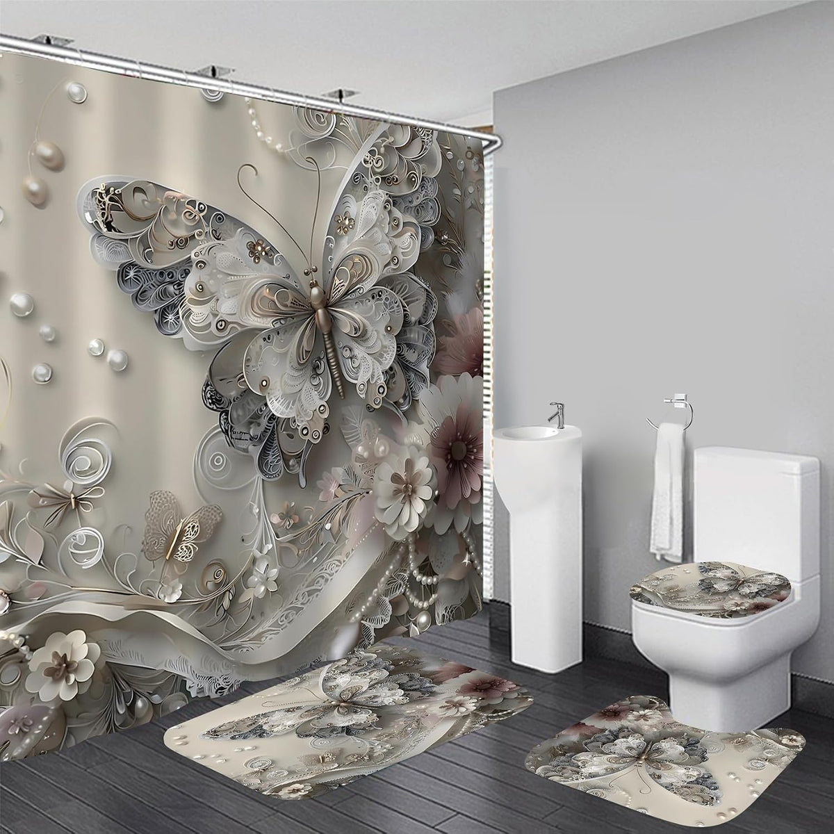 DDQQ 4Pcs Shower Curtain Sets, Gray Butterfly Bathroom Curtains Shower Set, Bathroom Decor Sets, Shower Curtain for Bathroom with Rugs, Toilet Lid Cover, Bath Mat and 12 Hooks, 71 x 71 Inches