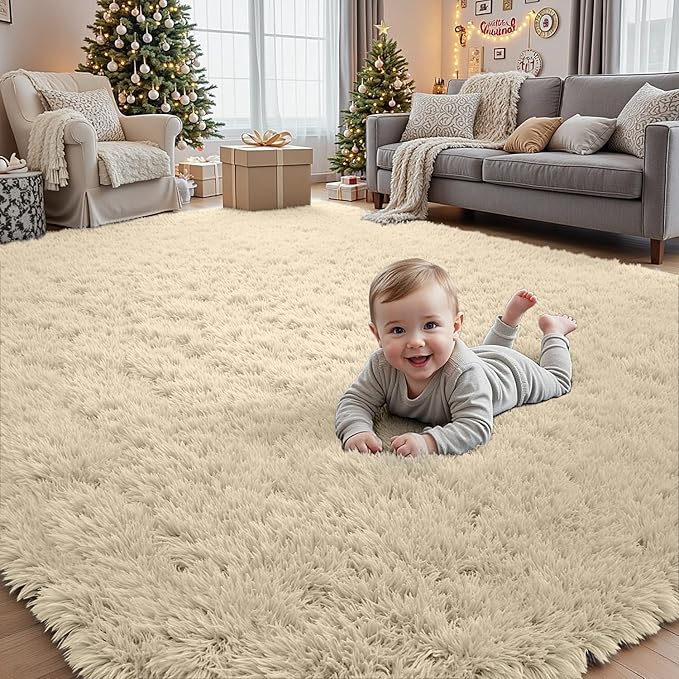 5x7 Area Rugs for Living Room Rug: Soft Fluffy Shag Beige Rugs for Bedroom by CarpetAddColortoYourLife