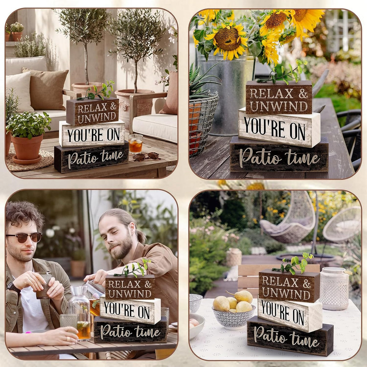 Moucuny 4 Pcs Farmhouse Table Decor Rustic Patio Stacked Wooden Decor