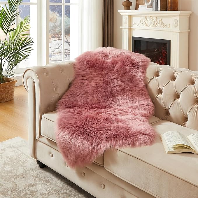 AMTOVO Faux Fur Rug, Blush Pink Area Rug, Fluffy Sheepskin Rug, Fuzzy Ultra - Image 3