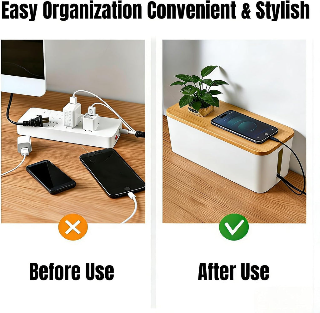 1Large+1Small Cable Organizer Set with 4 Silicone Cable Ties, 2-Piece Cable Management Box, Bamboo Lid Cord Organizer for Home Office,Set of Two Cable Box,Cable Organizer Box(Bamboo lid/White)