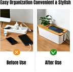 1Large+1Small Cable Organizer Set with 4 Silicone Cable Ties, 2-Piece Cable Management Box, Bamboo Lid Cord Organizer for Home Office,Set of Two Cable Box,Cable Organizer Box(Bamboo lid/White)