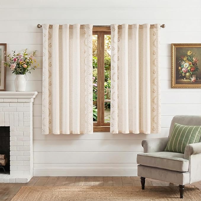 jinchan Belrose Linen Floral Cafe Curtains 45 Inch Length Embroidered Farmhouse - Image 2