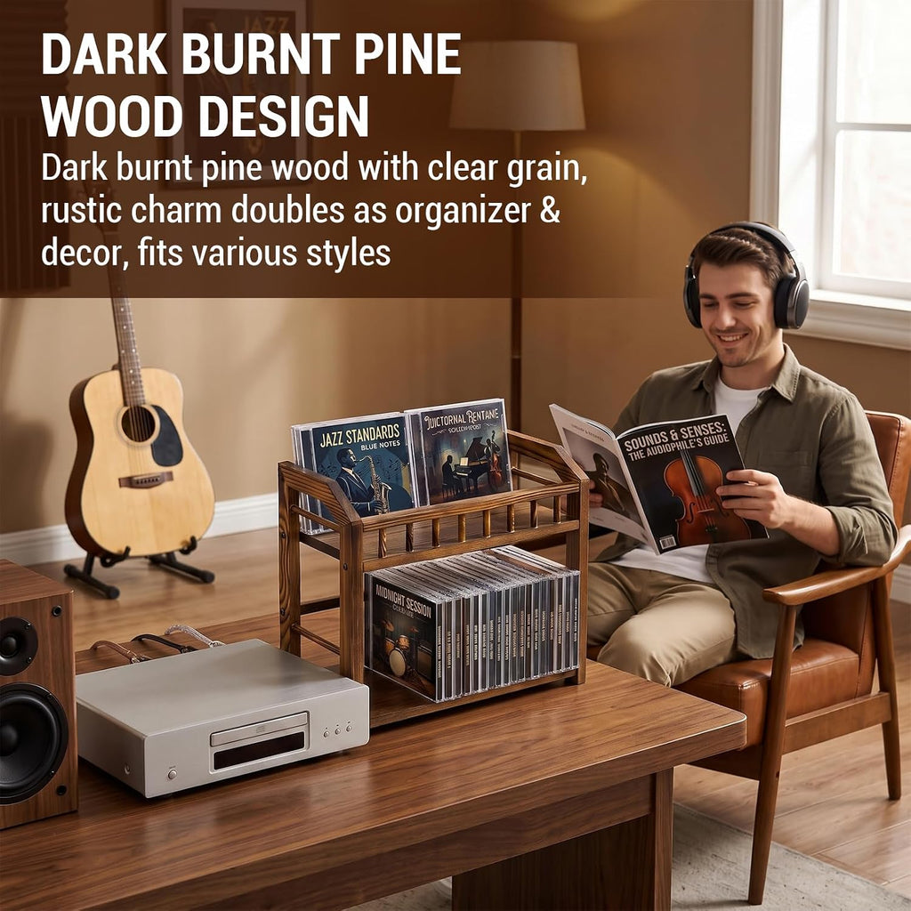 MyGift 2-Tier Solid Pine Wood CD Storage Rack – Dark Burnt Finish Desktop Organizer for 48 CDs, Rustic Space-Saving Media Display Shelf for Home and Office