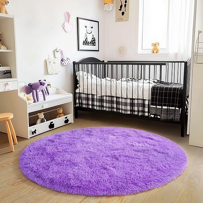 4'x4' Purple Round Rug for Bedroom, Ultra Soft Fluffy Circle Rug for Kids Girls - Image 3