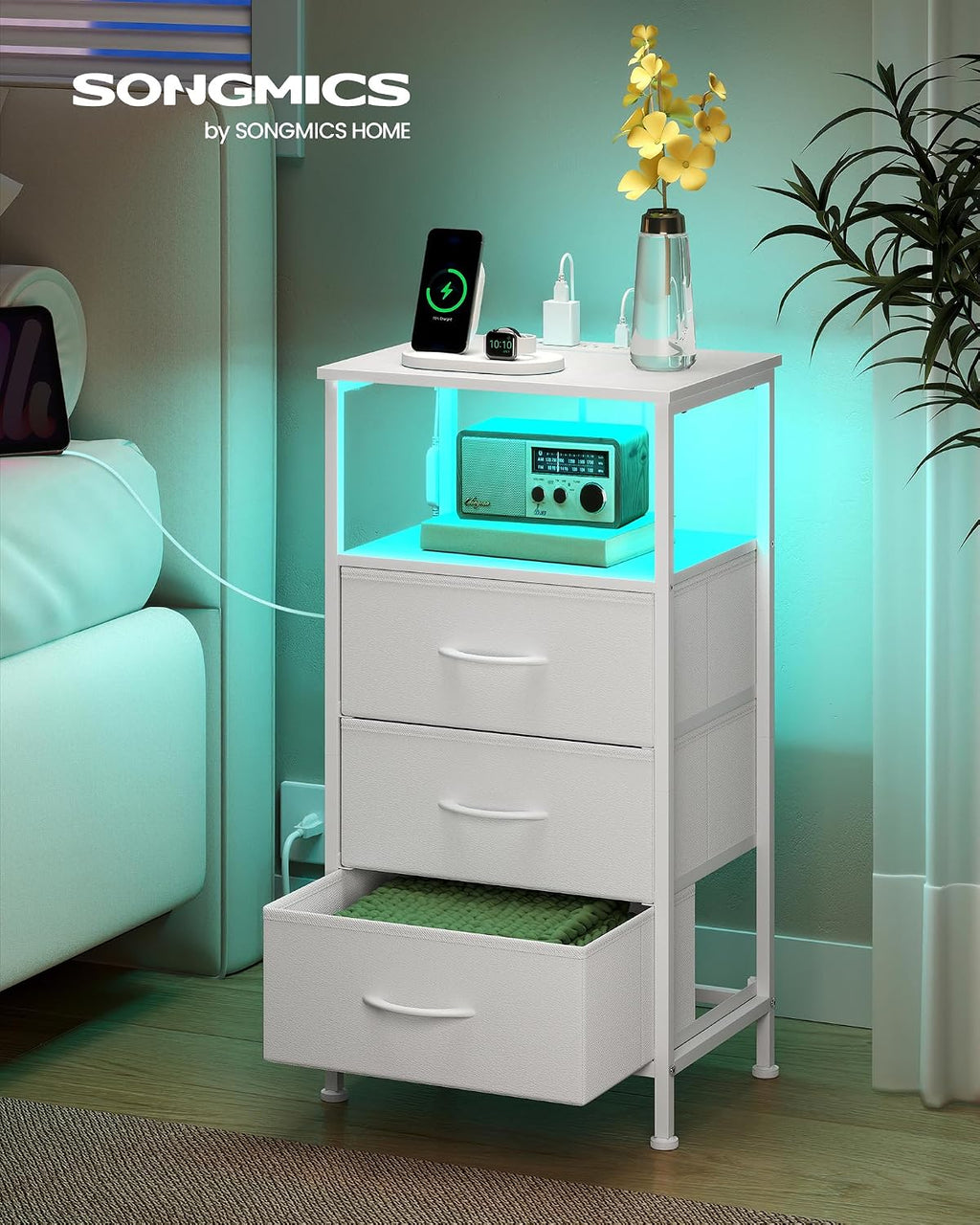 SONGMICS Nightstand with Charging Station, 3 Fabric Drawers