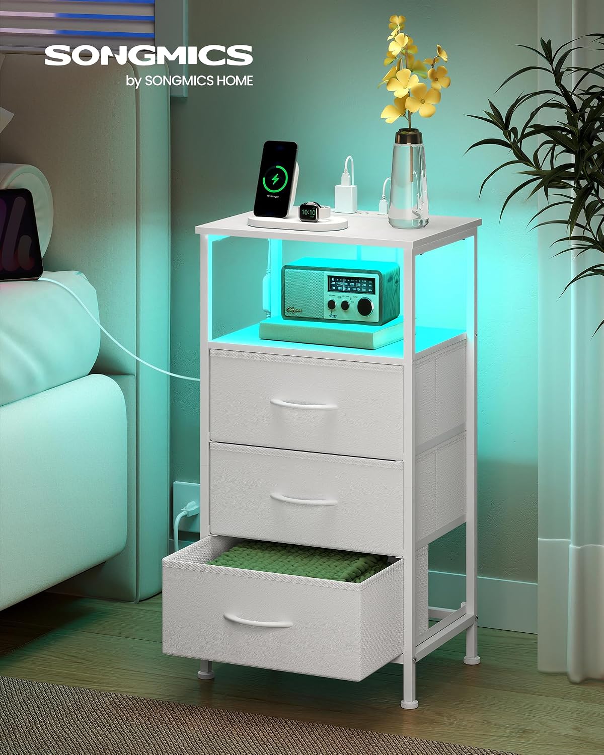 SONGMICS Nightstand with Charging Station, 3 Fabric Drawers