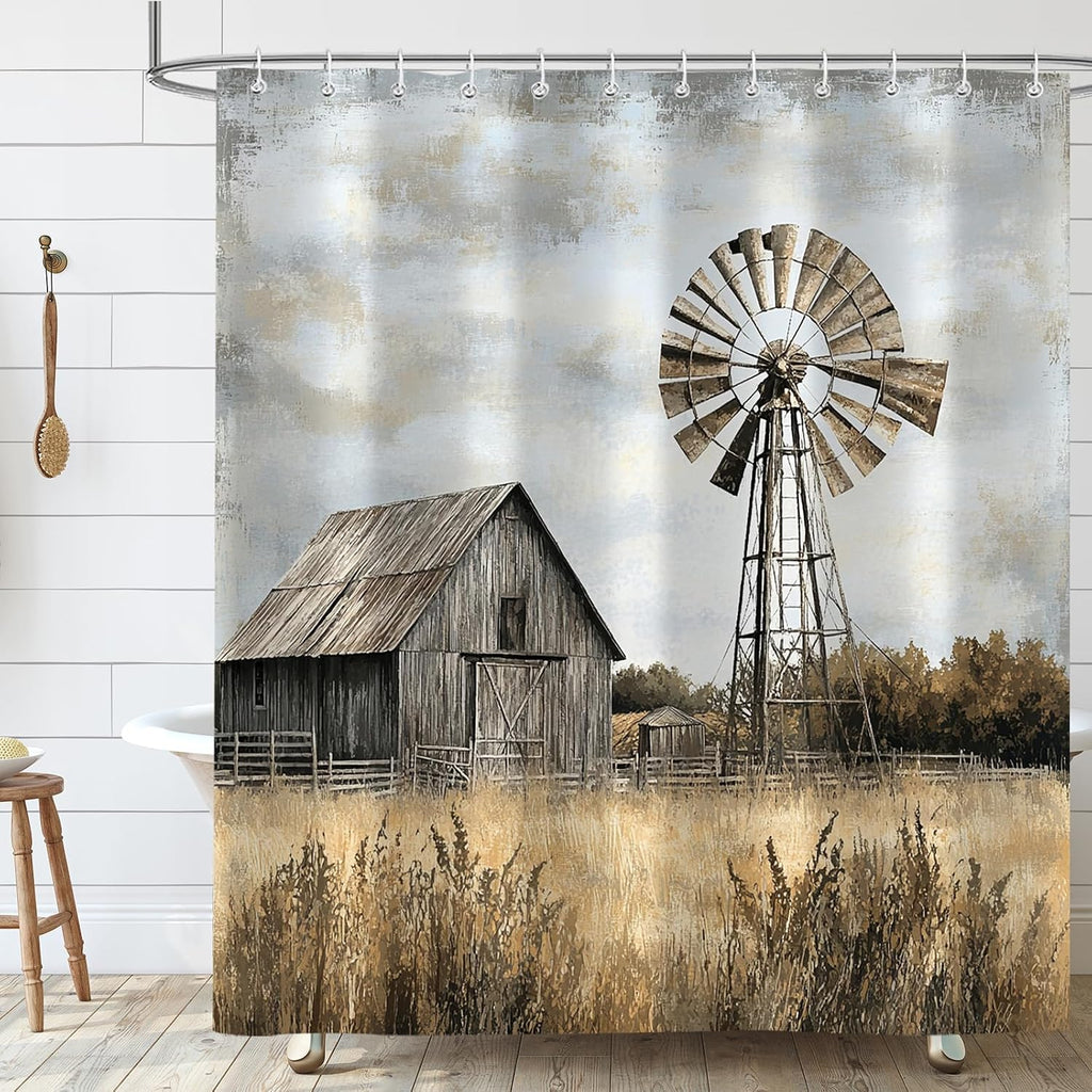 4PCS Rustic Barn Windmill Shower Curtain Set, Western Farm Barn Farmhouse Bathroom Accessories with Non-Slip Rugs, Toilet Lid Cover Bath Mat and 12 Hooks, Home Decor 72" x 72"