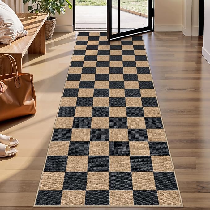 Lahome Colette Checkered Easy Jute Runner Rug, 2x8 Kitchen Rug Non Slip by Lahome