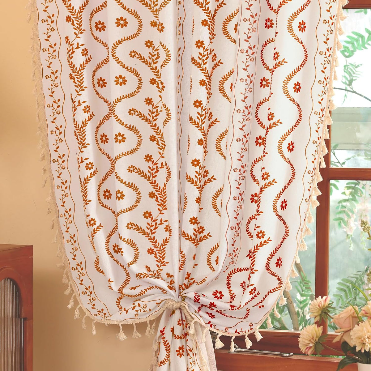 Beige Boho Curtains, Terracotta Curtains 84 Inches Long 2 Panels