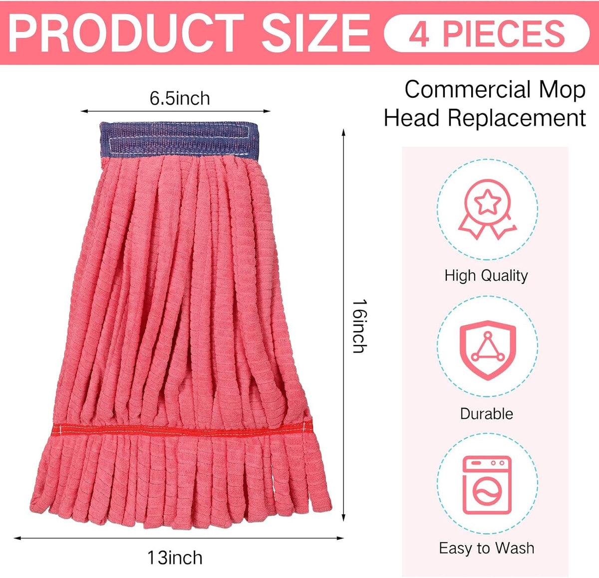Lallisa 4 Pcs Microfiber Mop Heads Replacement Tube, Large, Red