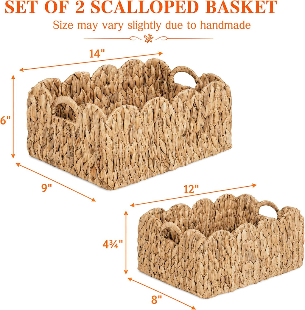 Set of 2 Scalloped Edge Wicker Storage Basket with Built-in Handles