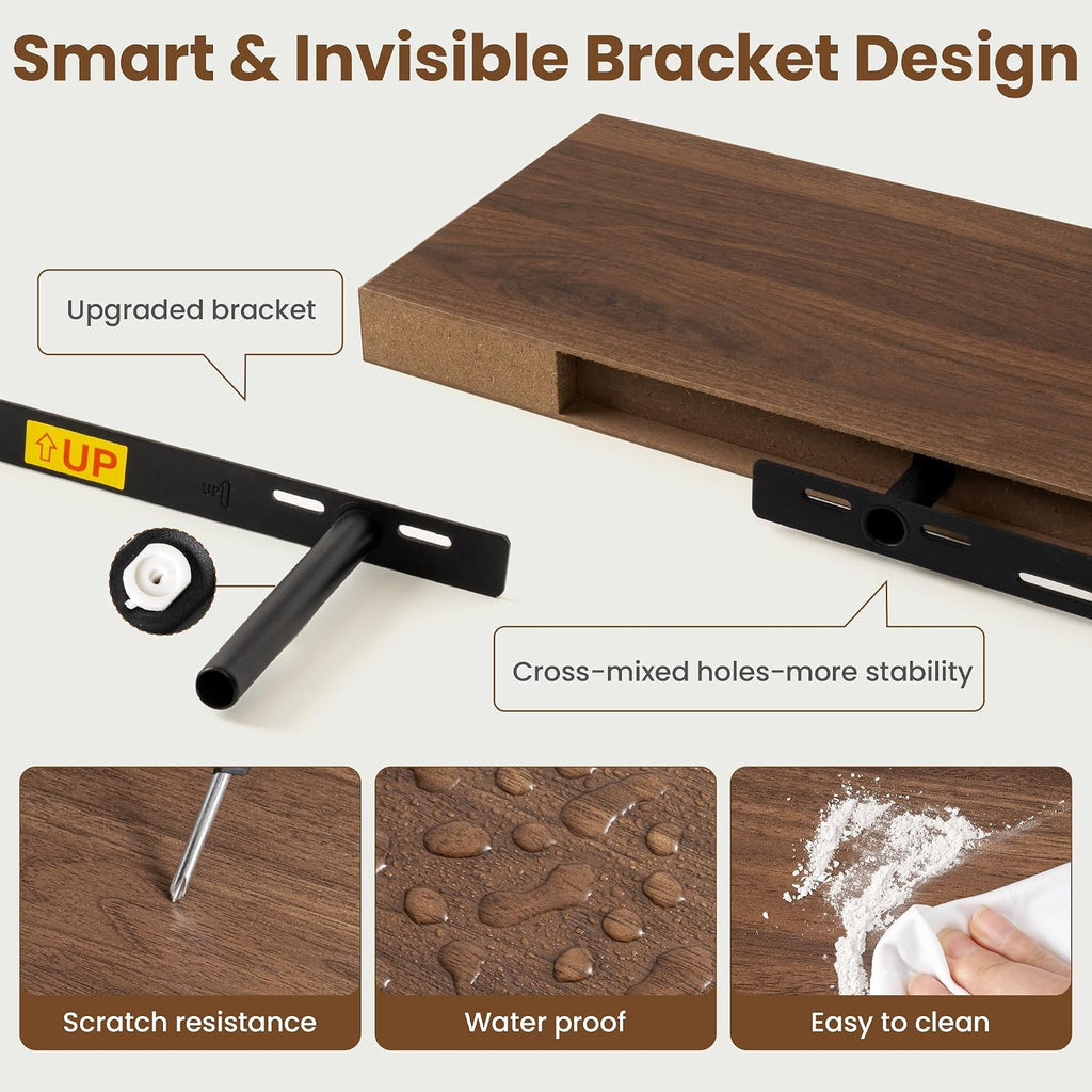 30 Inch Floating shelves for Wall, 8 Inch Deep, Invisible Brackets, Walnut