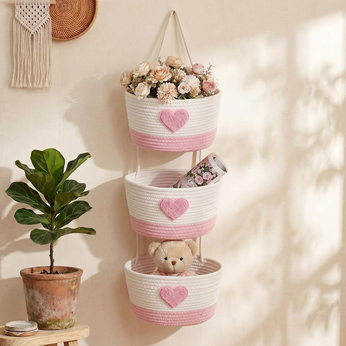 Elephant Nursery Decor Elephant Basket 3-Tier Cotton Rope Hanging Basket Organizer Wall Storage Bin with Hooks, Grey Over Door Decorative Nursery Closet Hanging Accessories