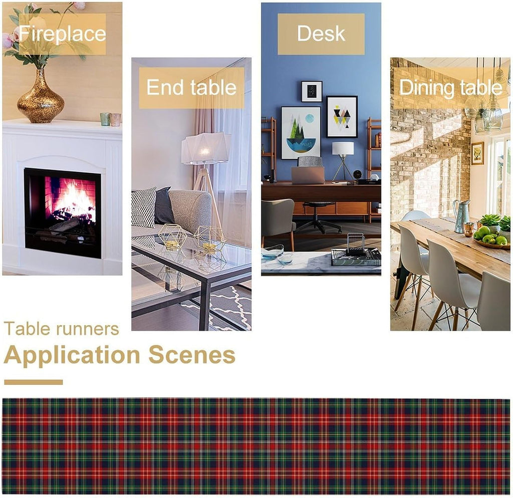 Christmas Plaid Table Runner, Red Green Checkered Tartan Style Print Seasonal Table Runner for Kitchen Dinning Coffee Table Decor Home Party Holiday, 13x90 Inch