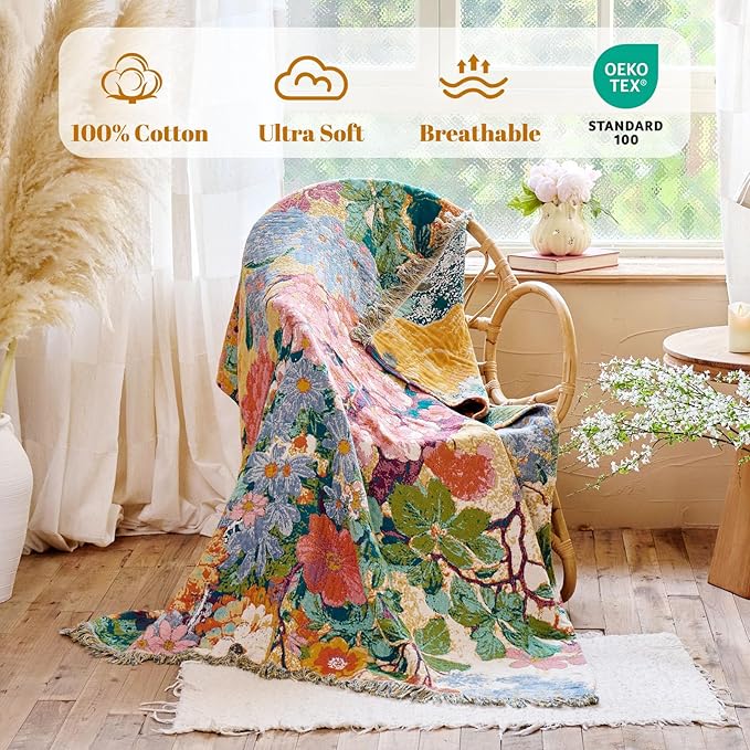 MSGKV Boho Throw Blanket for Bed 60"x80" Cotton Couch Blankets Floral Twin Size - Image 2