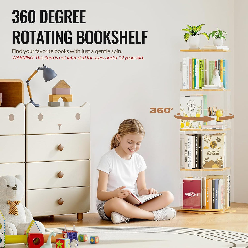TAKEKIT Rotating Bookshelf, 360 Degree Revolving Bookcase, 4-Tier Spinning Bookshelf, Clear Acrylic & Solid Wood Rotating Bookcase for Kid’s Playroom, Bedroom and Living Room, Square