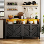 knoworld Buffet Sideboard with Storage with Power Outlets & LED Light, Large Farmhouse Kitchen Storage Cabinet Wood 4 Doors Coffee Bar Cabinet for Kitchen, Living Room, Black 55in
