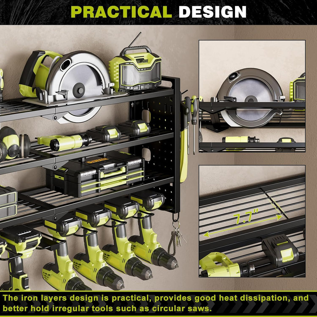 Power Tool Drill Holder Wall Mount, 4Tier Garage Organizer, Black