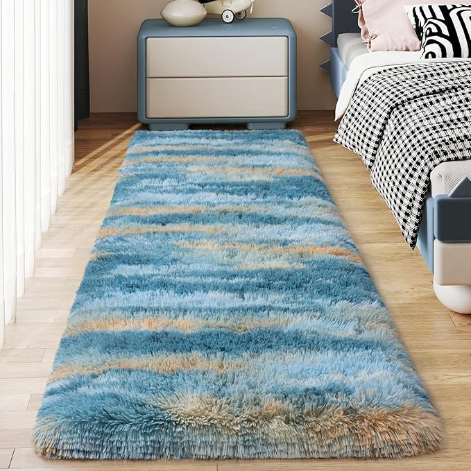 Soft Runner Rugs for Bedroom Hallways, 2x6 Abstract Blue Fluffy Shag Throw Area by Ailyei