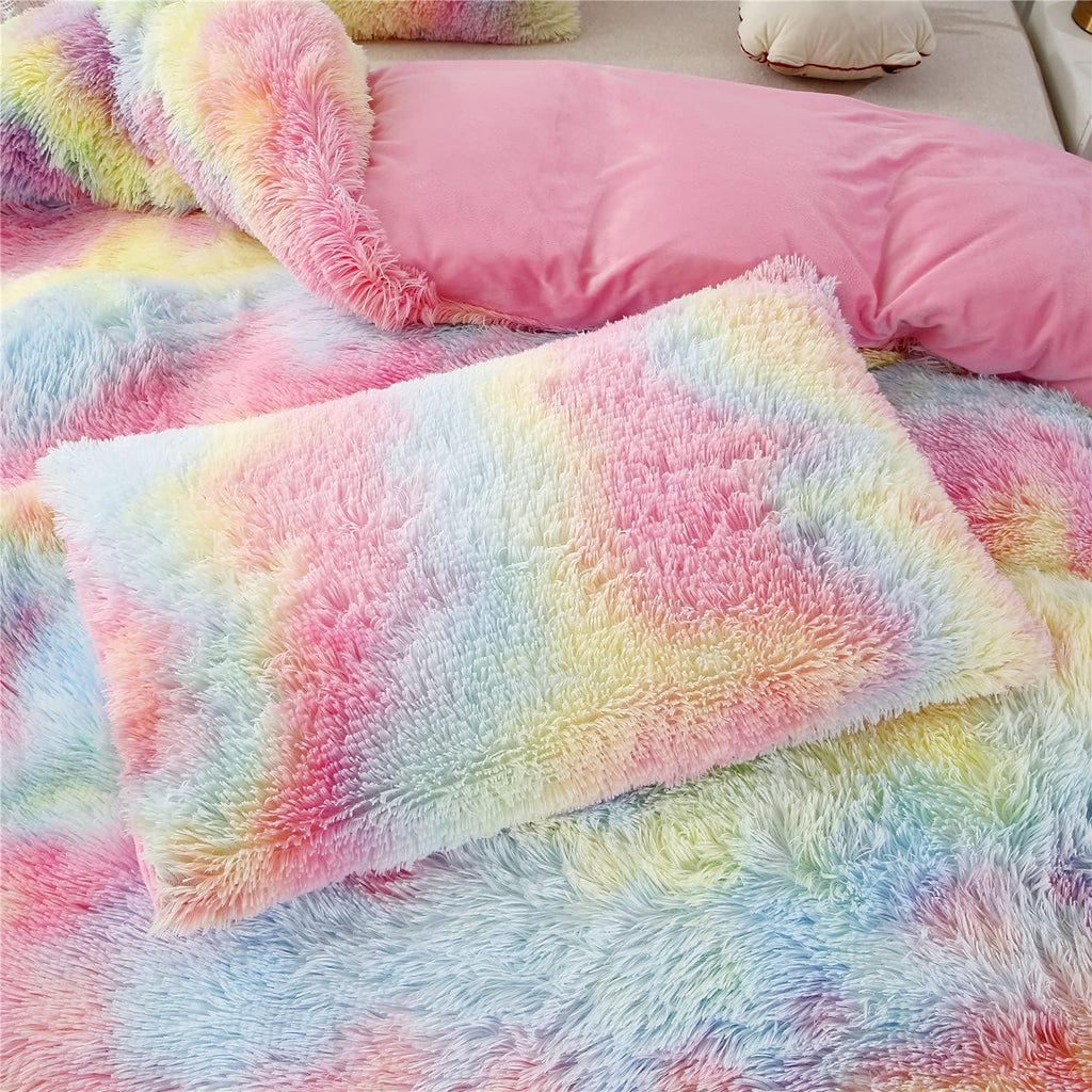RYNGHIPY 3Pcs Rainbow Long Hair Bedding Sets Twin for Girls