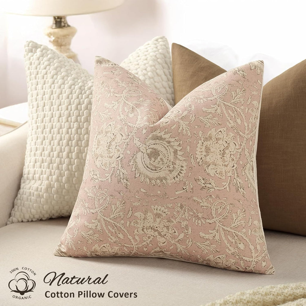 Vintage Floral Print Throw Pillow Covers 20x20 Set of 2 Neutral Modern Farmhouse Pillowcases Accent Decorative Cushion Covers Boho Home Decor for Couch Sofa Chair Bed Living Room, Champagne Pink