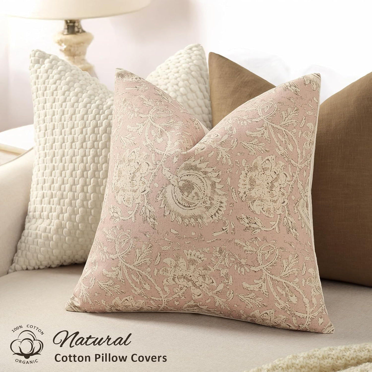 Vintage Floral Print Throw Pillow Covers 20x20 Set of 2 Neutral Modern Farmhouse Pillowcases Accent Decorative Cushion Covers Boho Home Decor for Couch Sofa Chair Bed Living Room, Champagne Pink