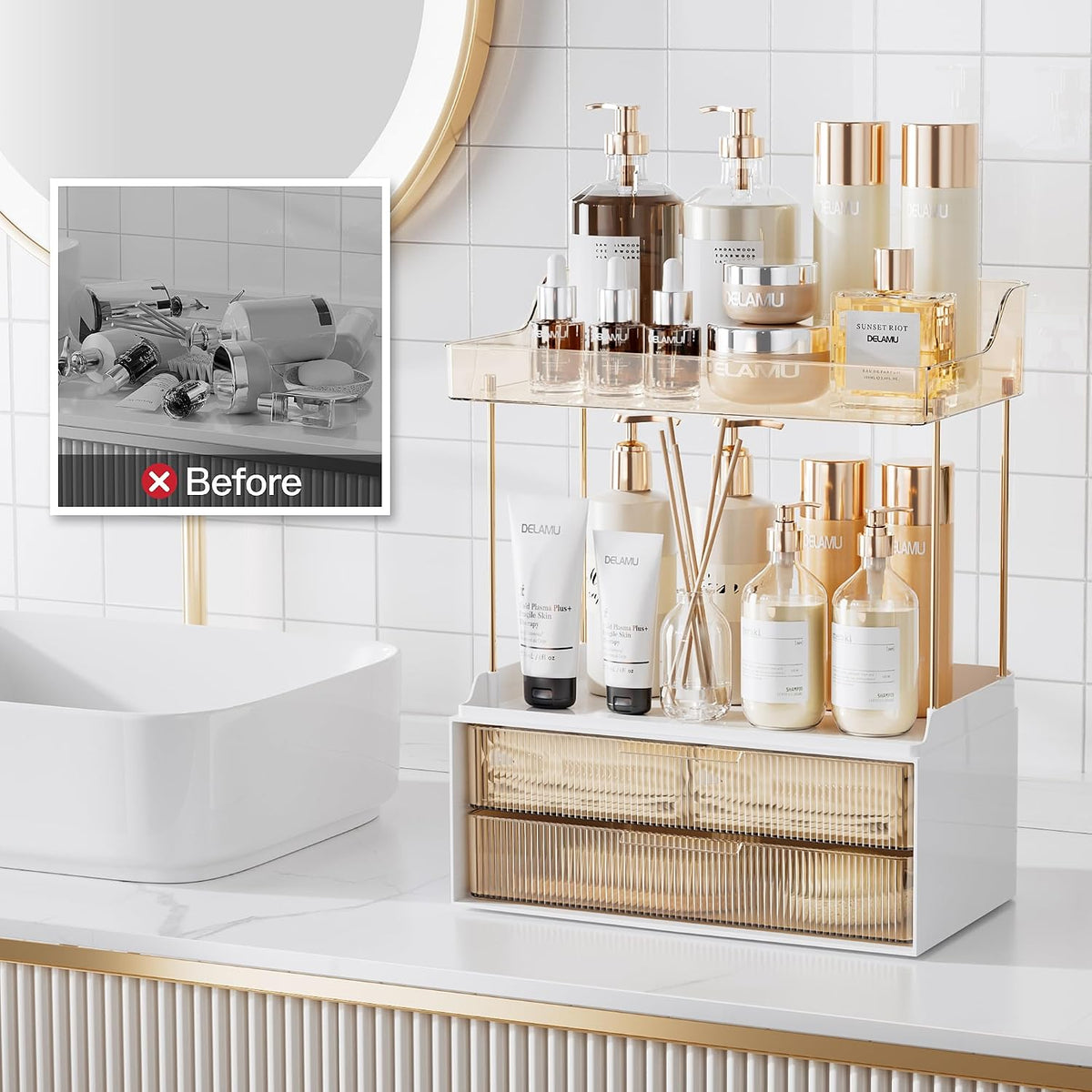 Delamu 4-Tier Makeup Organizer, Bathroom Counter Storage, 2 Drawers, Amber