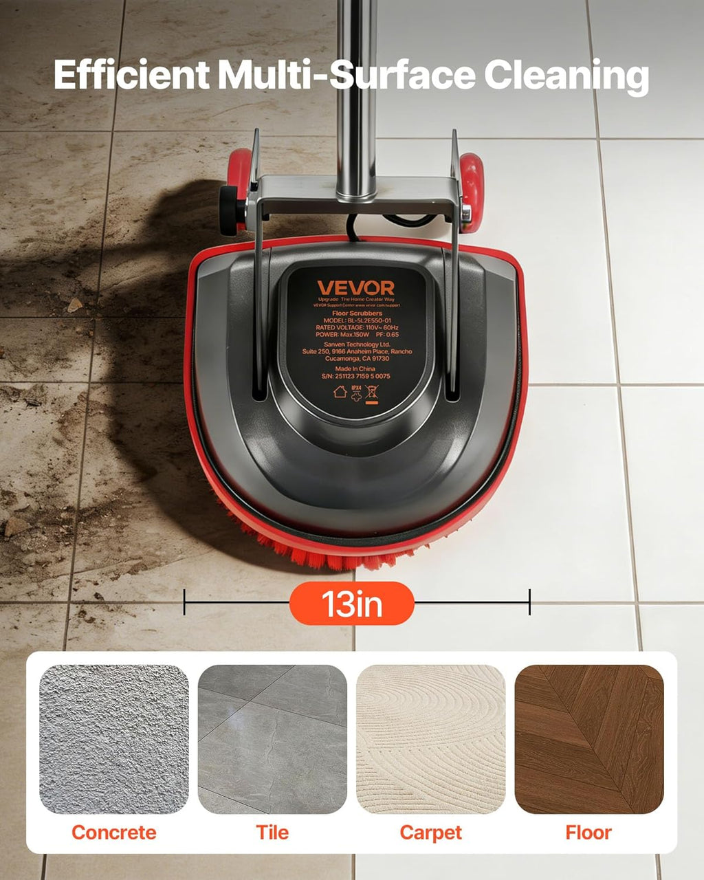 VEVOR Floor Scrubber Machine, 13" Heavy Duty Floor Cleaner Polisher