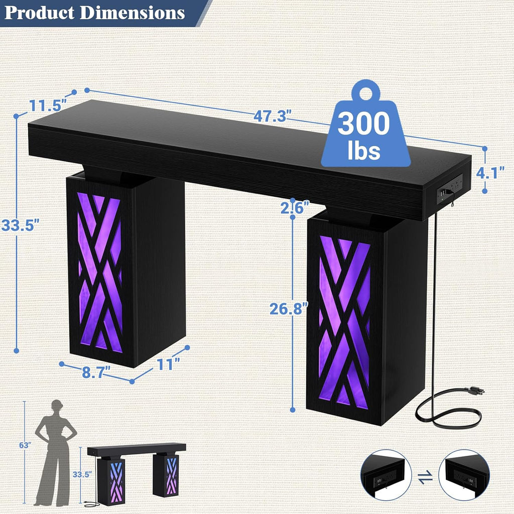 iSunirm 47.3" Extra Thick Entryway Table with LED & Outlets, Black