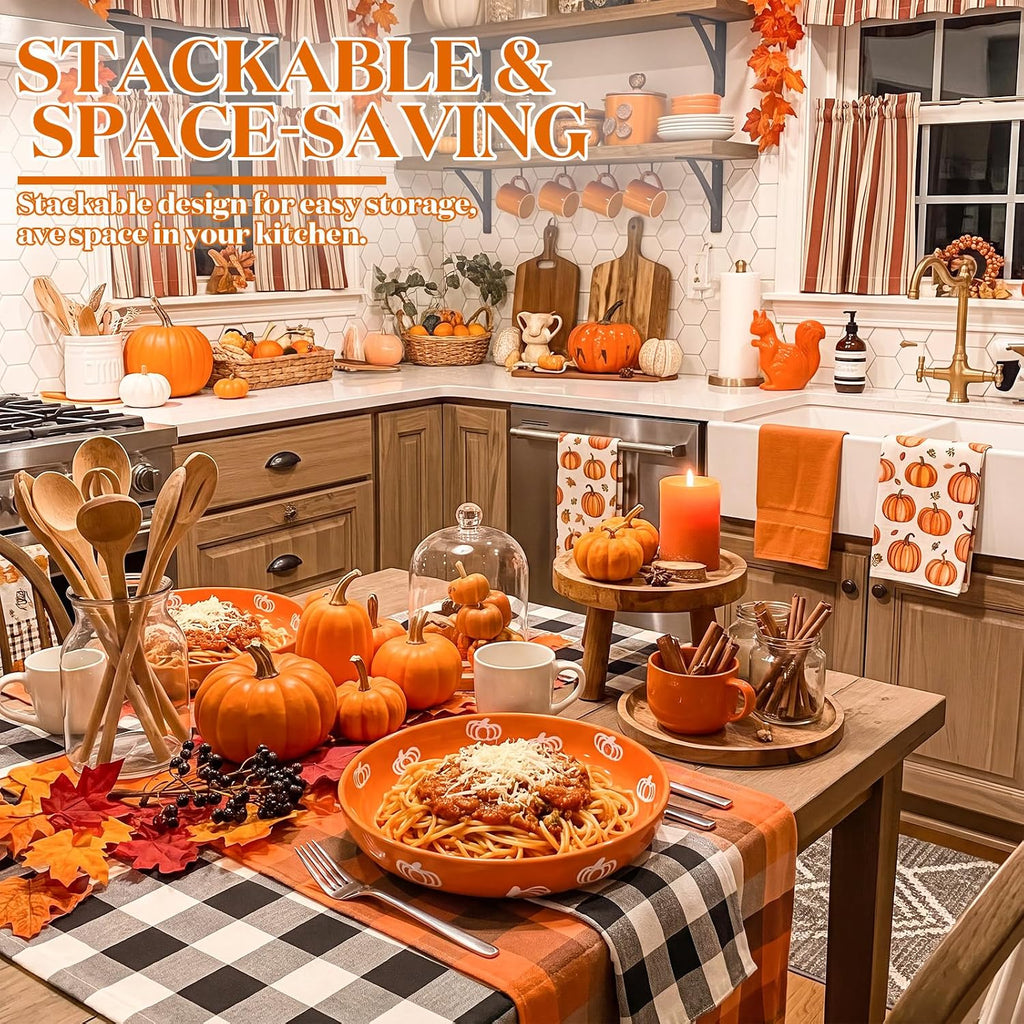 4 Pcs Thanksgiving Pumpkin Pasta Bowls 40 oz Ceramic Dinnerware Set